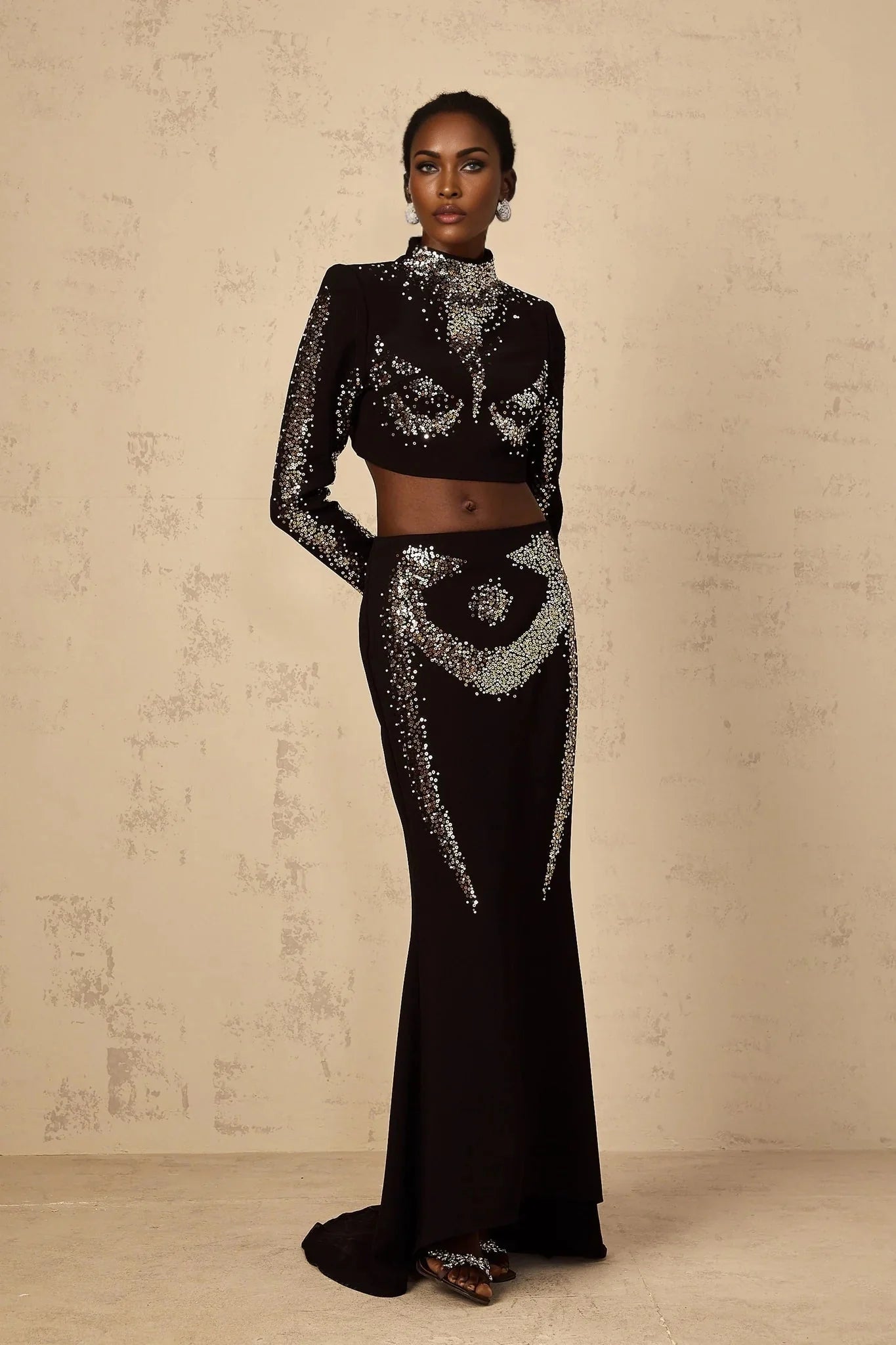 Costanza Top & Skirt Set Sequin Embellished Train Design