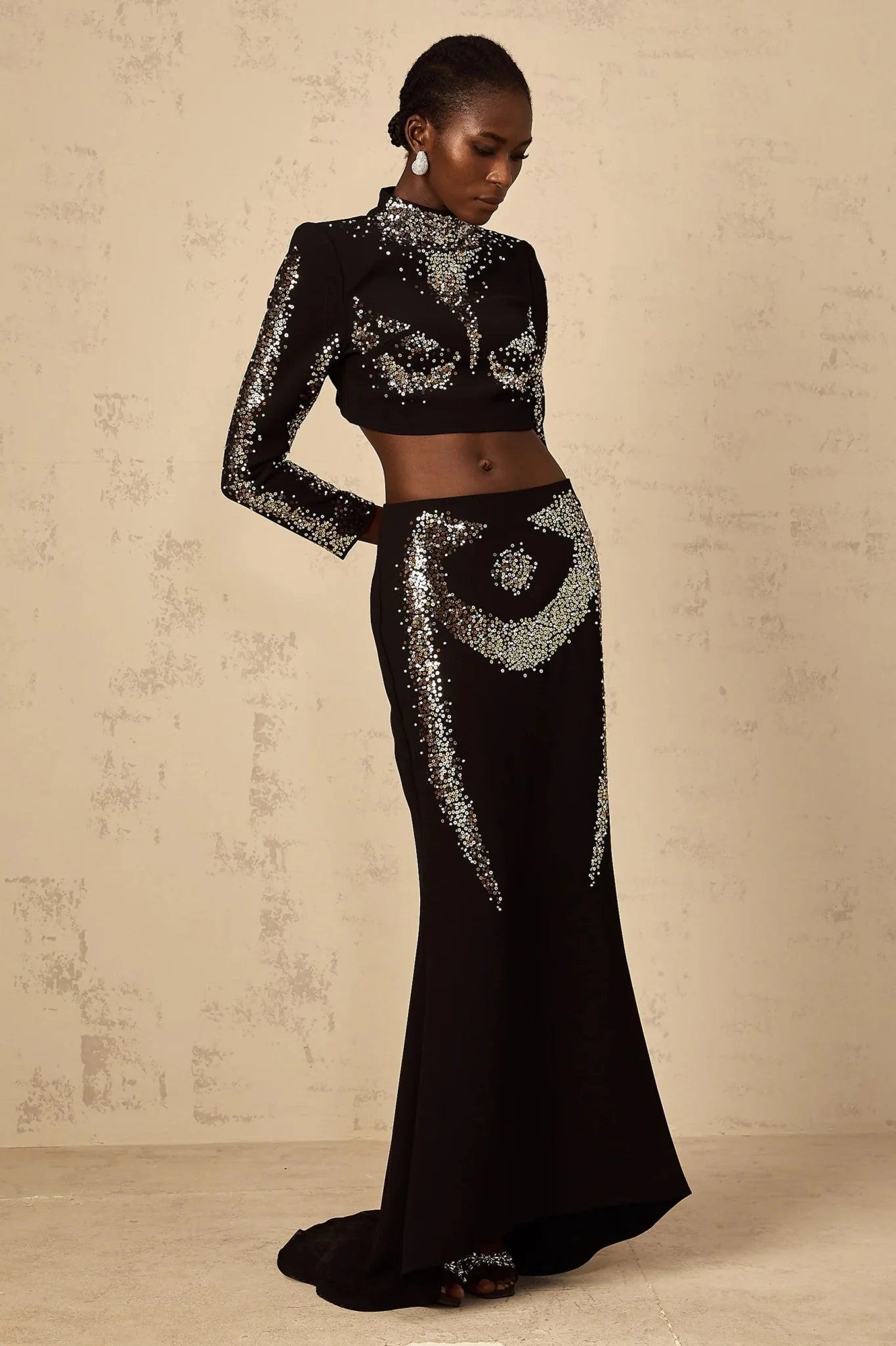 Costanza Top & Skirt Set Sequin Embellished Train Design