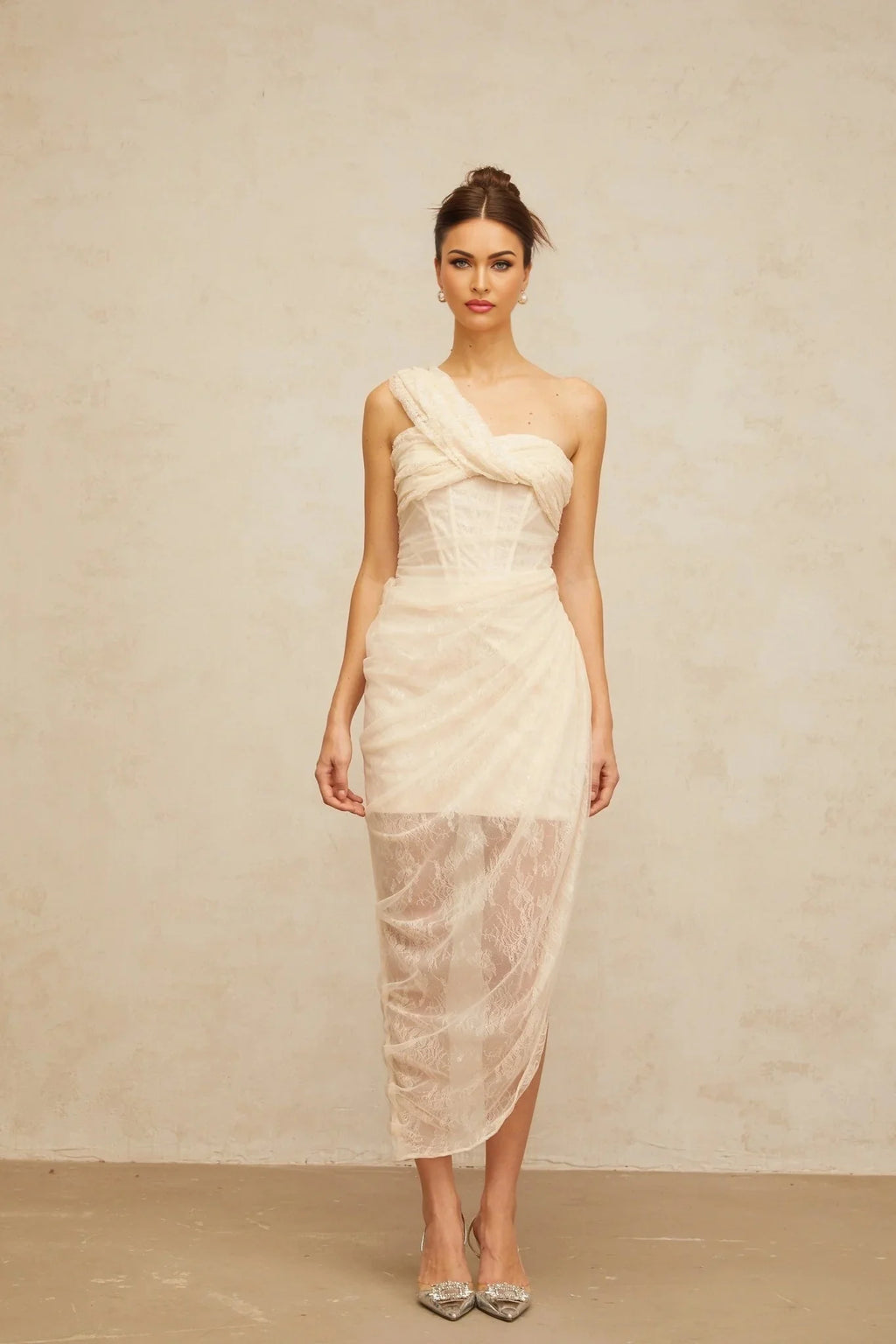 Cristiana Midi Dress Floral Lace Tulle Panel & Side Slit