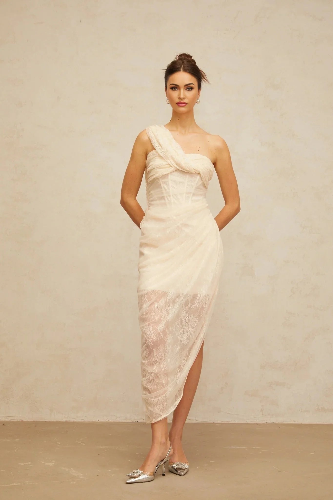 Cristiana Midi Dress Floral Lace Tulle Panel & Side Slit