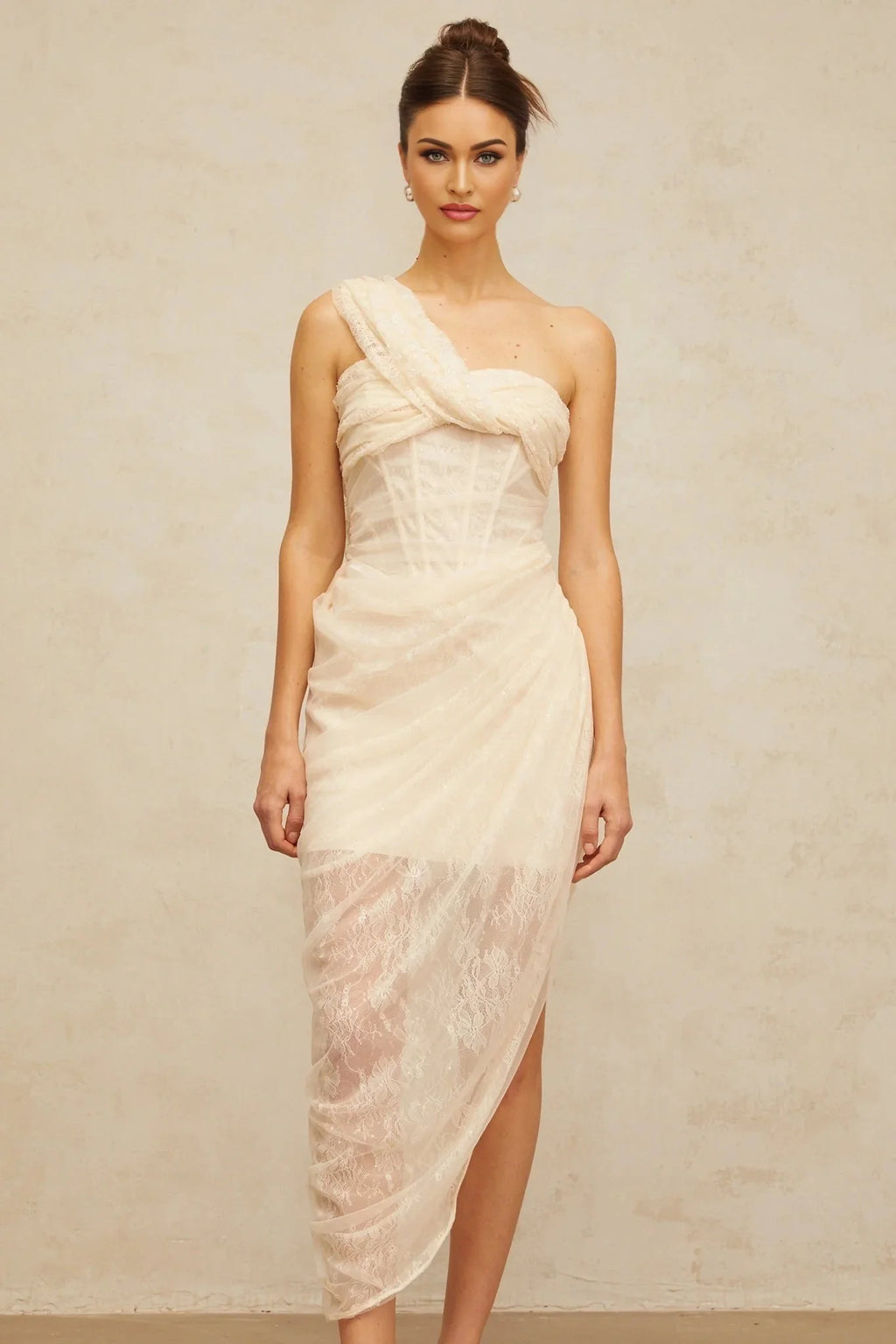 Cristiana Midi Dress Floral Lace Tulle Panel & Side Slit