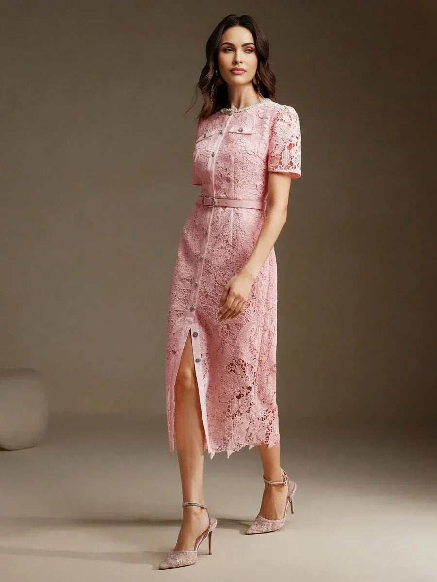 Cristiana Midi Dress - Round Neck - Puff Sleeve - High Waist - Elegant Style - All Over Print