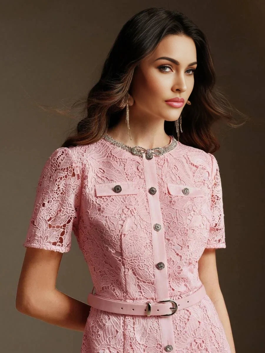 Cristiana Midi Dress - Round Neck - Puff Sleeve - High Waist - Elegant Style - All Over Print