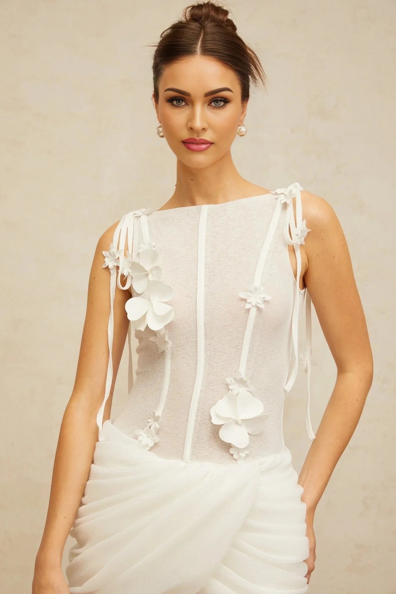 Cristina Mini Dress White Floral Appliqu Ruched Cinched Waist Silhouette Zip Length