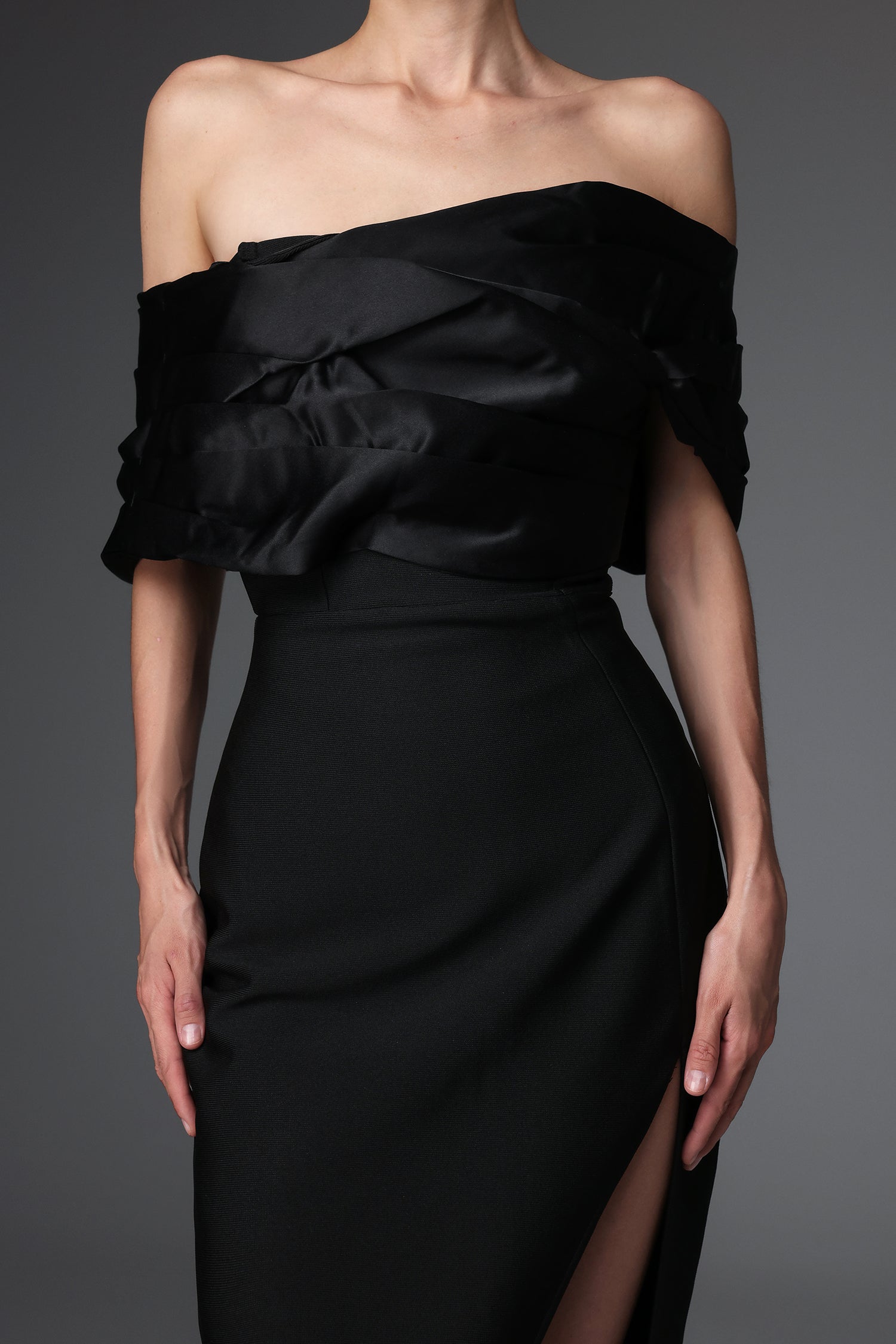Cynthia Black Off-Shoulder Pleated Maxi Dress