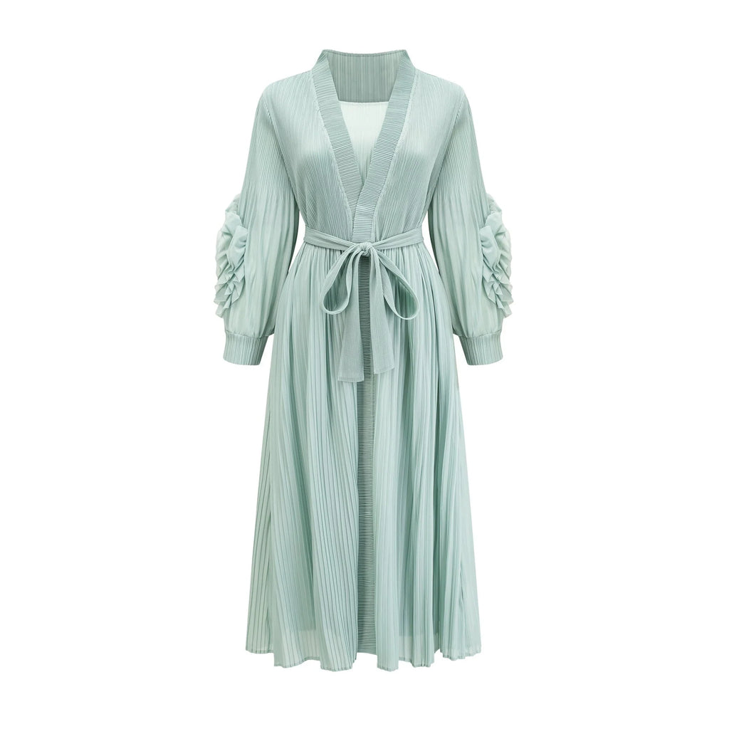 Cynthia Dress & Coat - Long Sleeve Faux - Flower Design - Elasticated Cuffs - Pleated Midi Dress