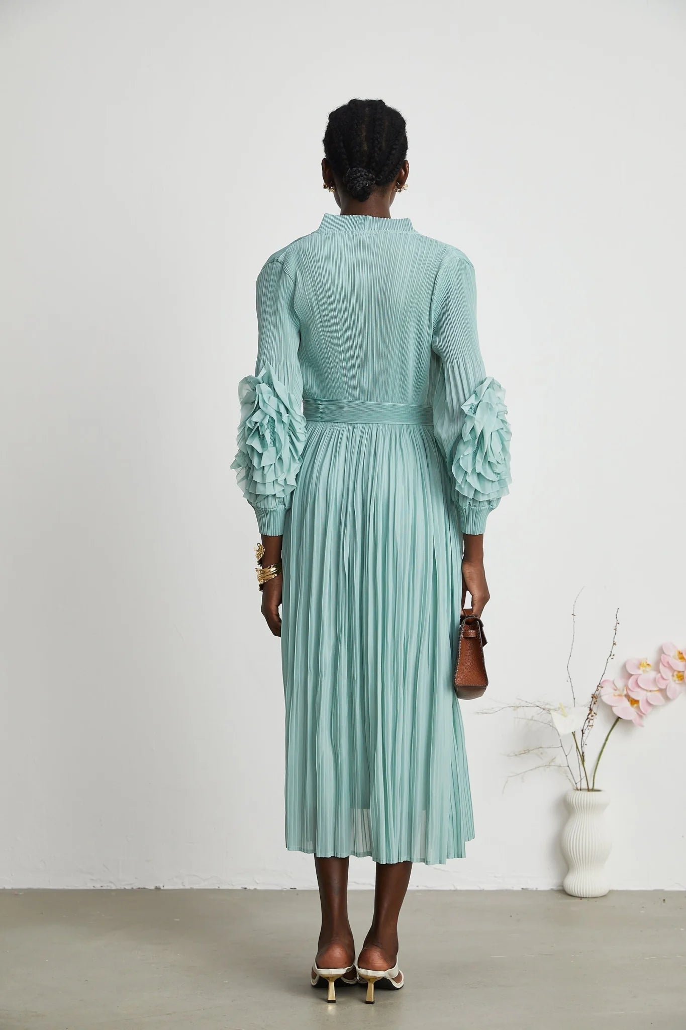 Cynthia Dress & Coat - Long Sleeve Faux - Flower Design - Elasticated Cuffs - Pleated Midi Dress