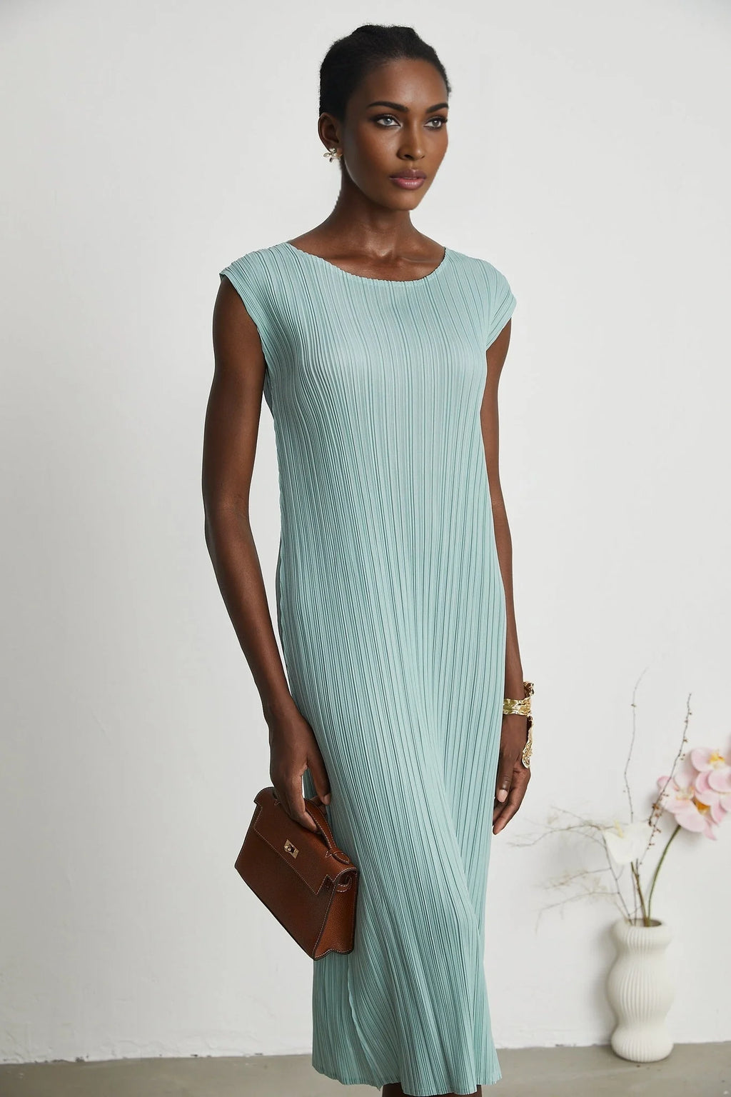 Cynthia Dress & Coat - Long Sleeve Faux - Flower Design - Elasticated Cuffs - Pleated Midi Dress