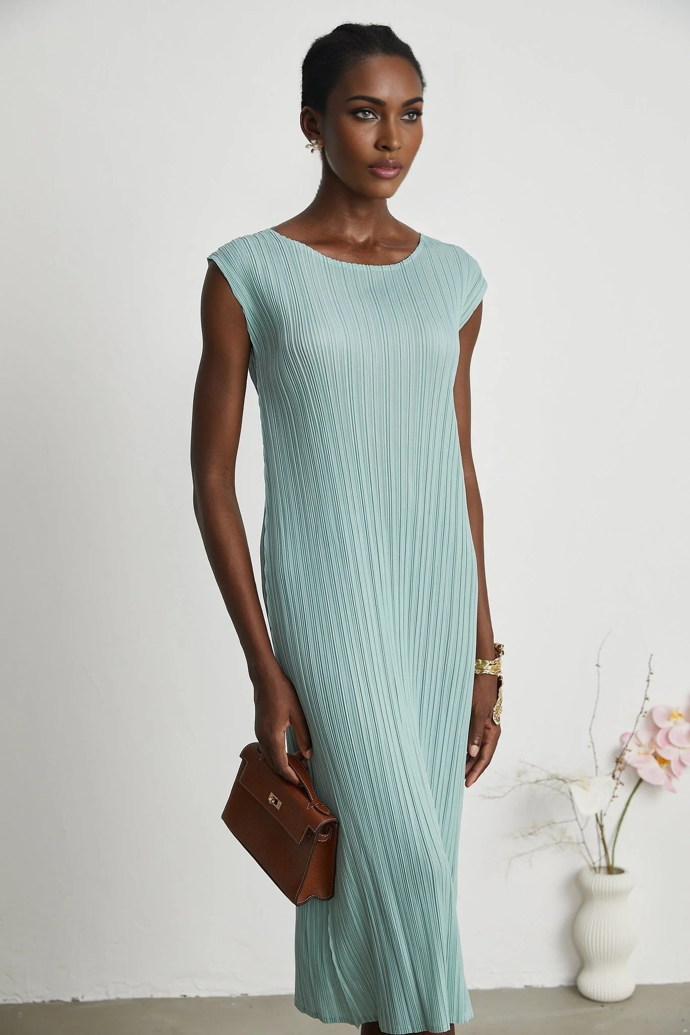 Cynthia Dress & Coat - Long Sleeve Faux - Flower Design - Elasticated Cuffs - Pleated Midi Dress