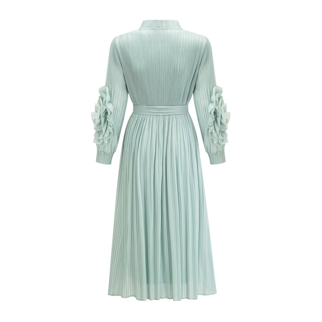 Cynthia Dress & Coat - Long Sleeve Faux - Flower Design - Elasticated Cuffs - Pleated Midi Dress