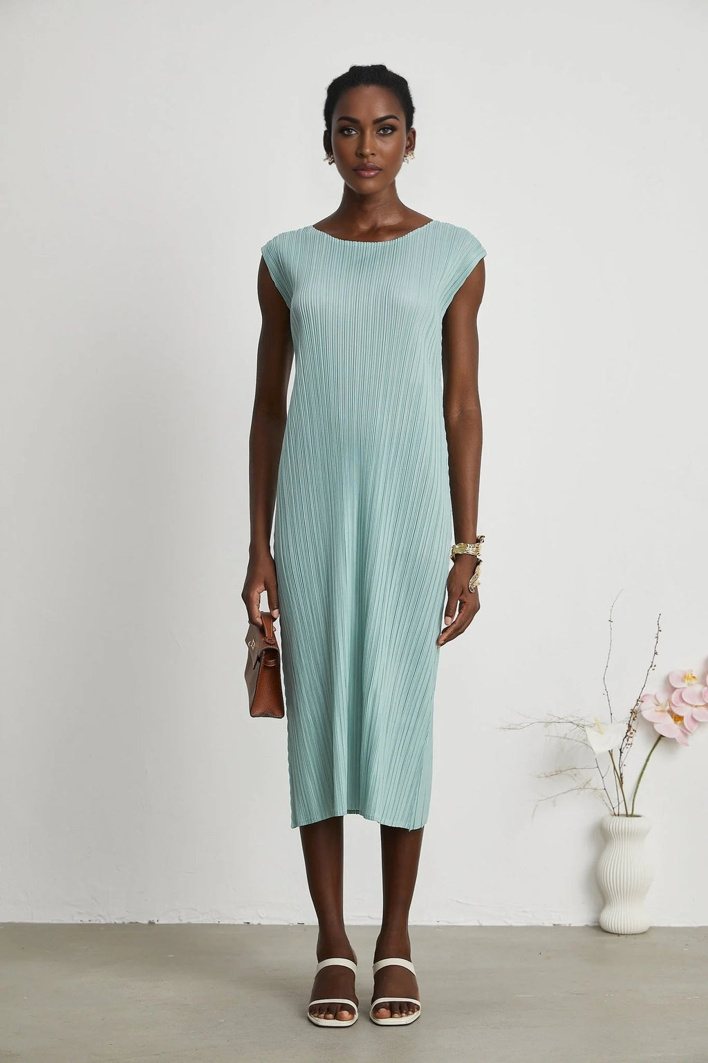 Cynthia Dress & Coat - Long Sleeve Faux - Flower Design - Elasticated Cuffs - Pleated Midi Dress