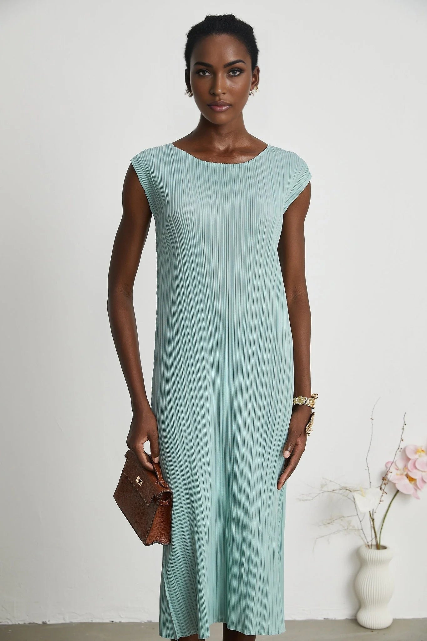 Cynthia Dress & Coat - Long Sleeve Faux - Flower Design - Elasticated Cuffs - Pleated Midi Dress