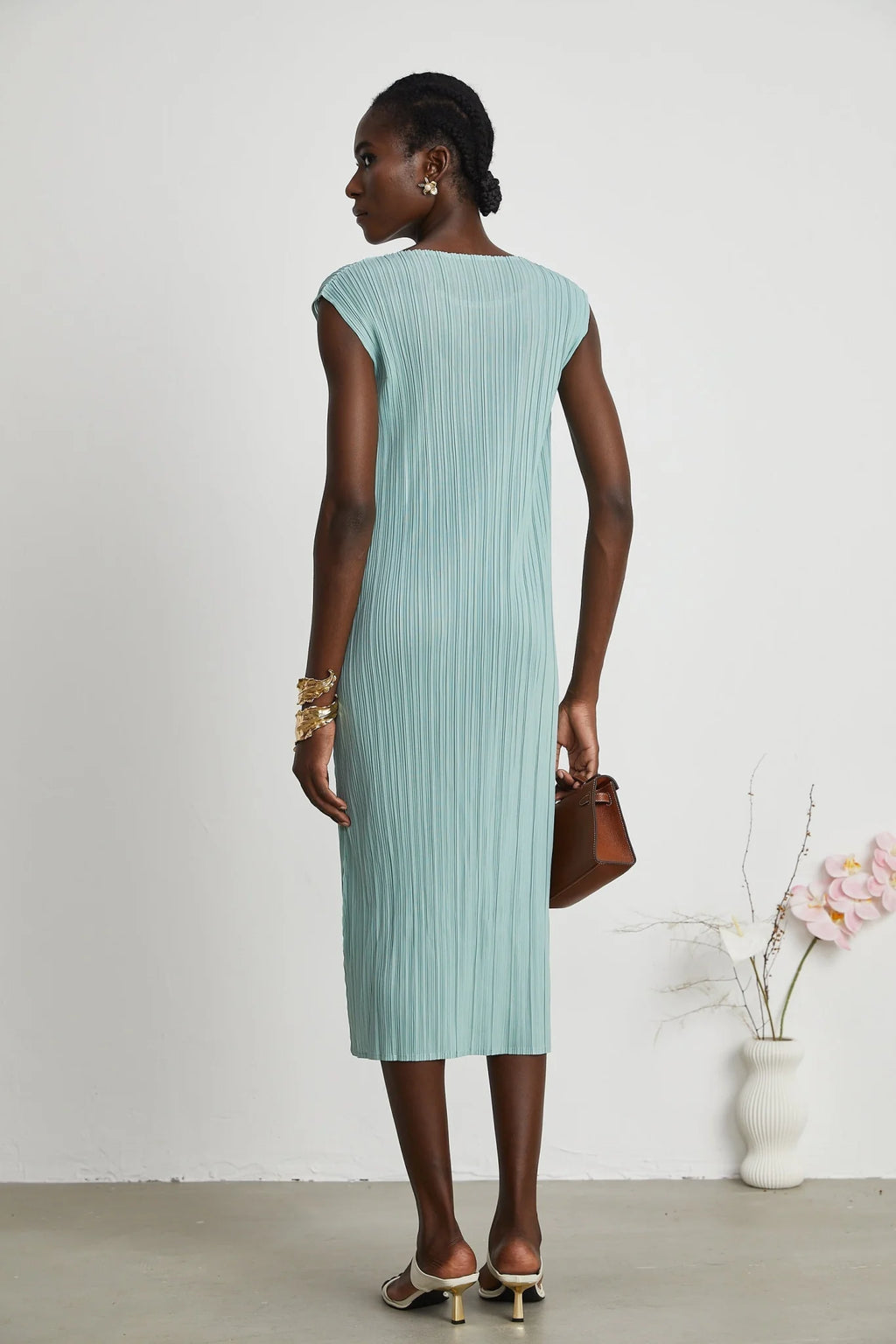 Cynthia Dress & Coat - Long Sleeve Faux - Flower Design - Elasticated Cuffs - Pleated Midi Dress