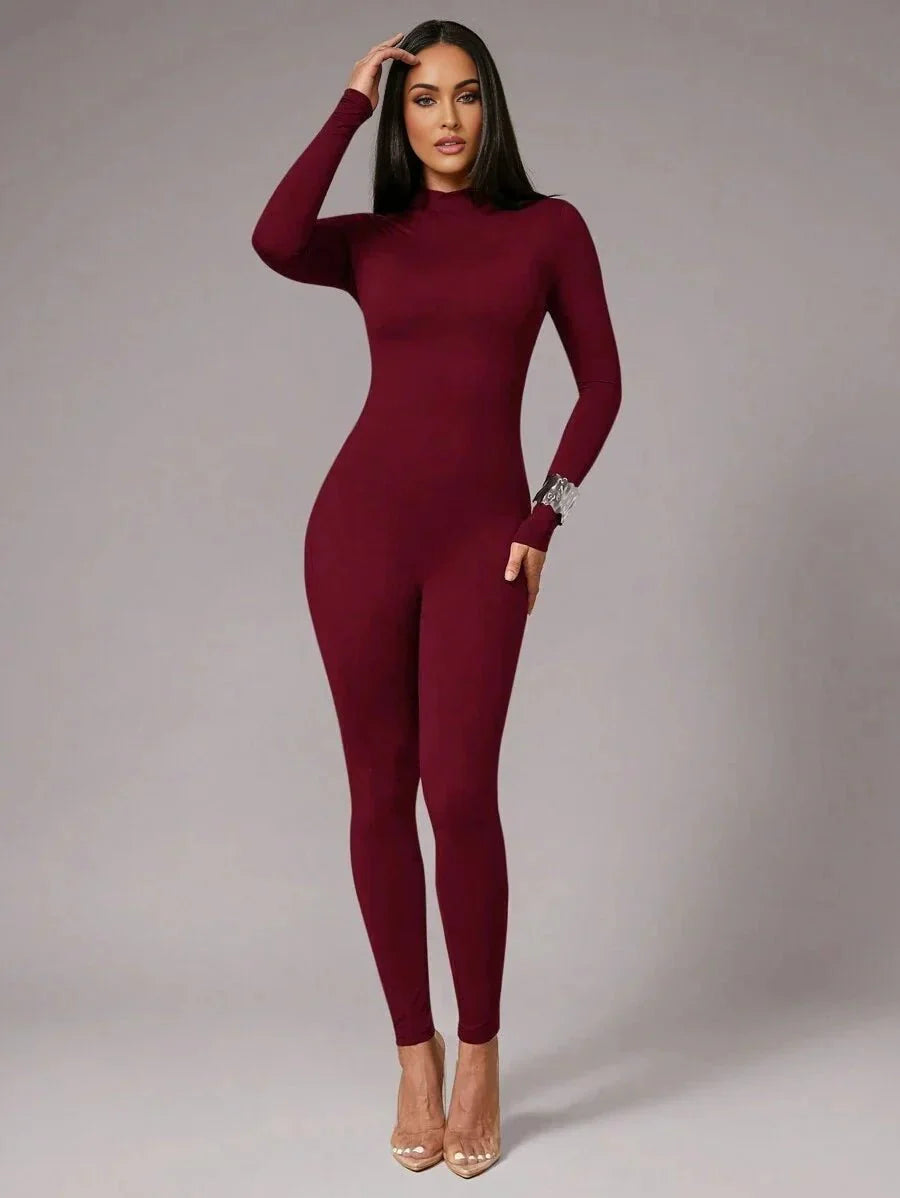 Cynthia Jumpsuit - Skinny Fit - High Stretch Fabric - Long Sleeve Length - Casual Style - Stand Collar Neckline - Natural Mid Waist Line