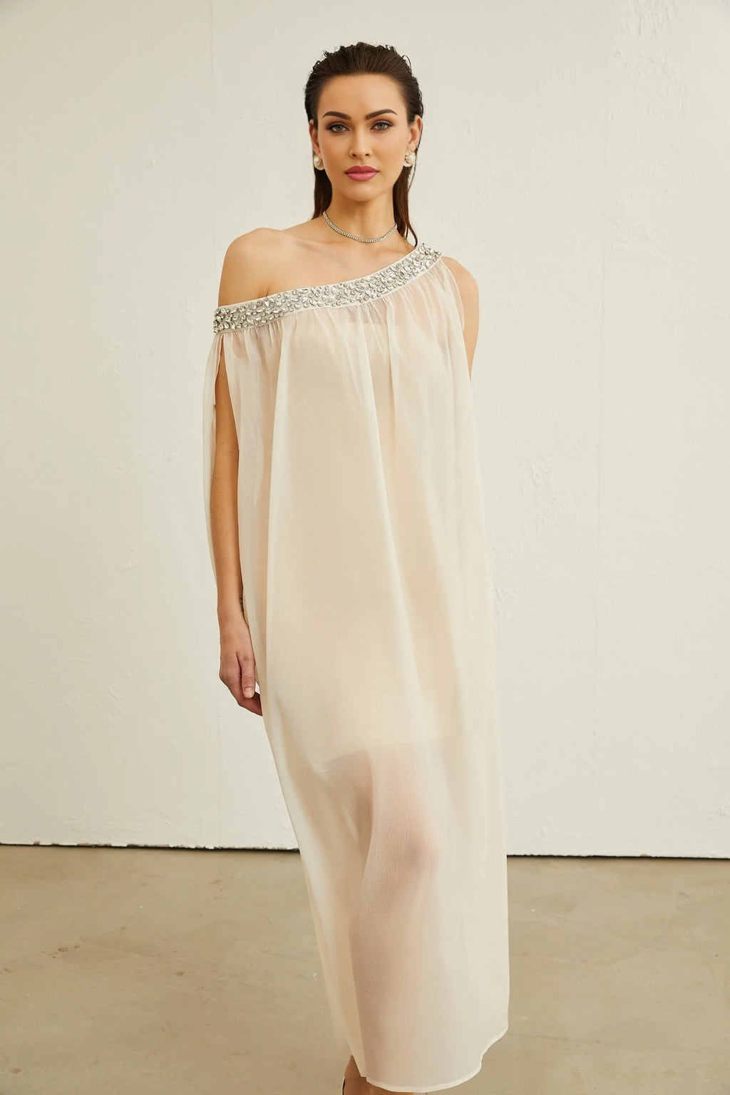 Cynthia Midi Dress – Sleeveless – Mono Shoulder – Crystal Embellishment