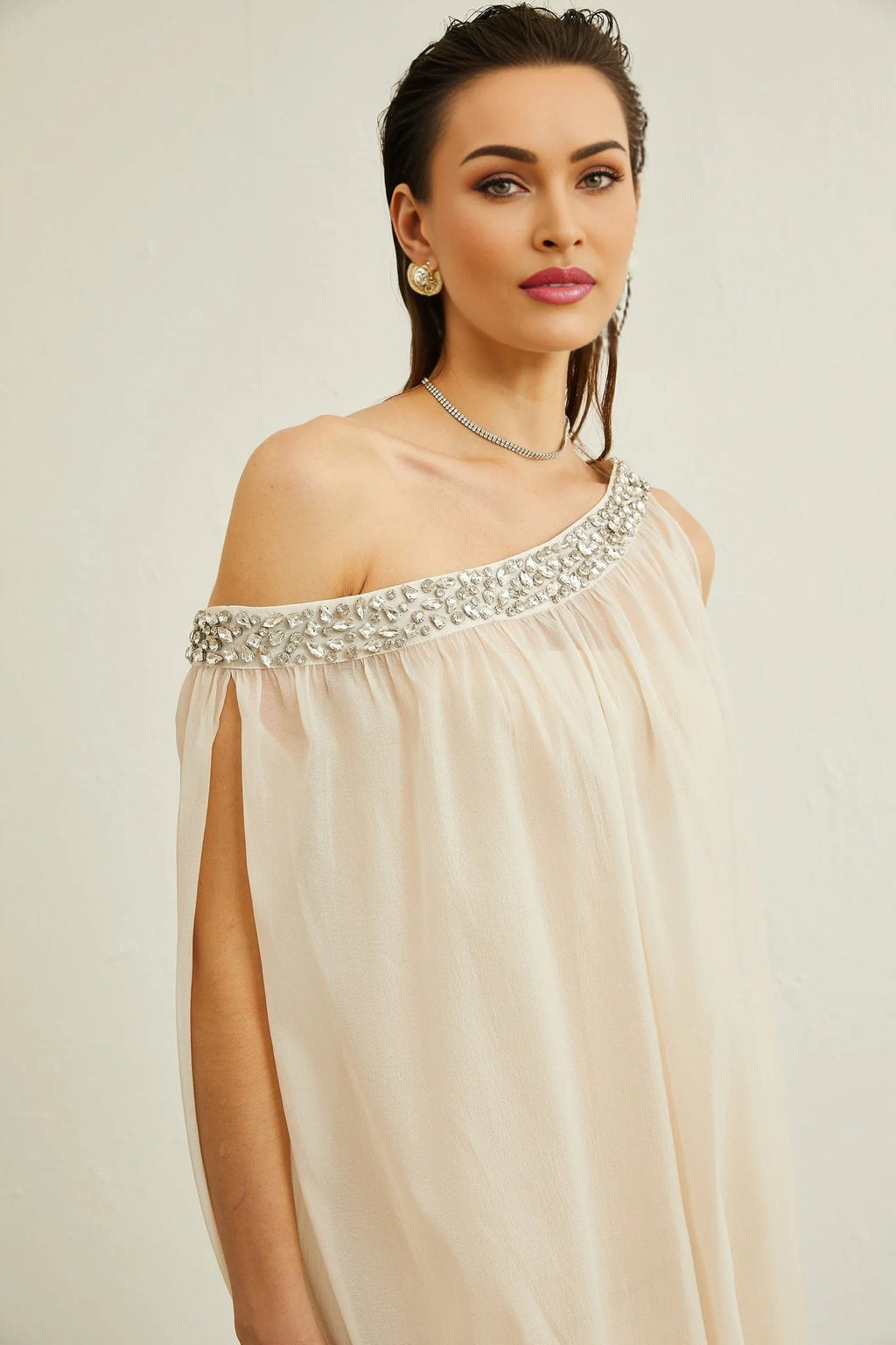 Cynthia Midi Dress – Sleeveless – Mono Shoulder – Crystal Embellishment