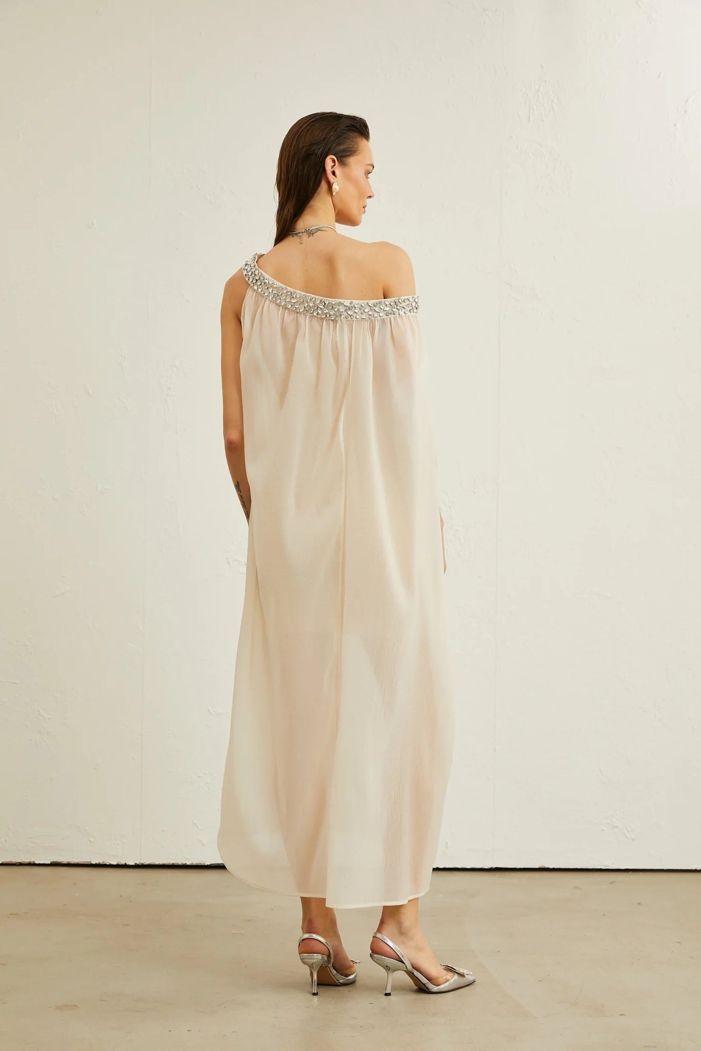 Cynthia Midi Dress – Sleeveless – Mono Shoulder – Crystal Embellishment