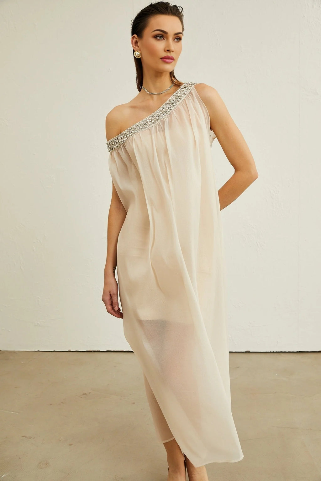 Cynthia Midi Dress – Sleeveless – Mono Shoulder – Crystal Embellishment