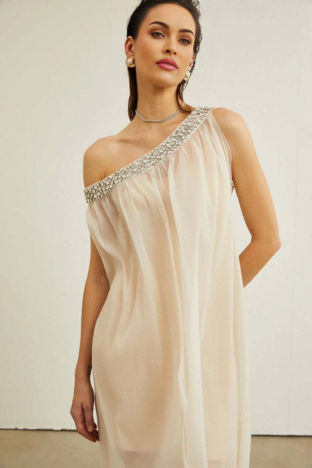 Cynthia Midi Dress – Sleeveless – Mono Shoulder – Crystal Embellishment