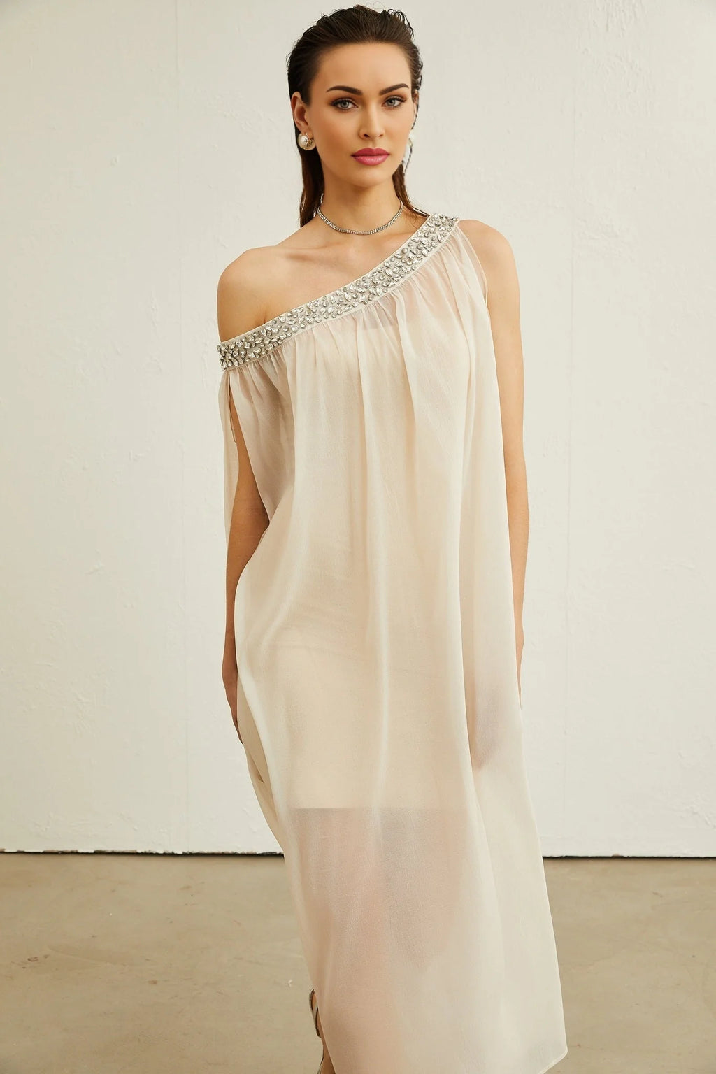 Cynthia Midi Dress – Sleeveless – Mono Shoulder – Crystal Embellishment