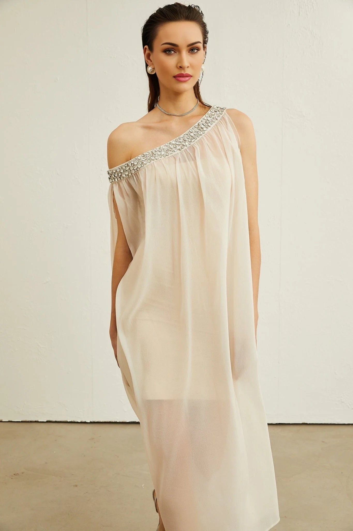 Cynthia Midi Dress – Sleeveless – Mono Shoulder – Crystal Embellishment