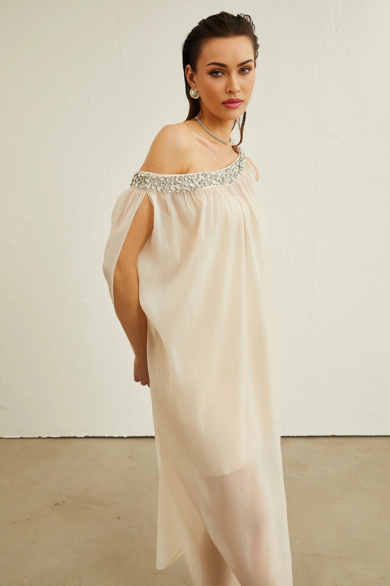 Cynthia Midi Dress – Sleeveless – Mono Shoulder – Crystal Embellishment