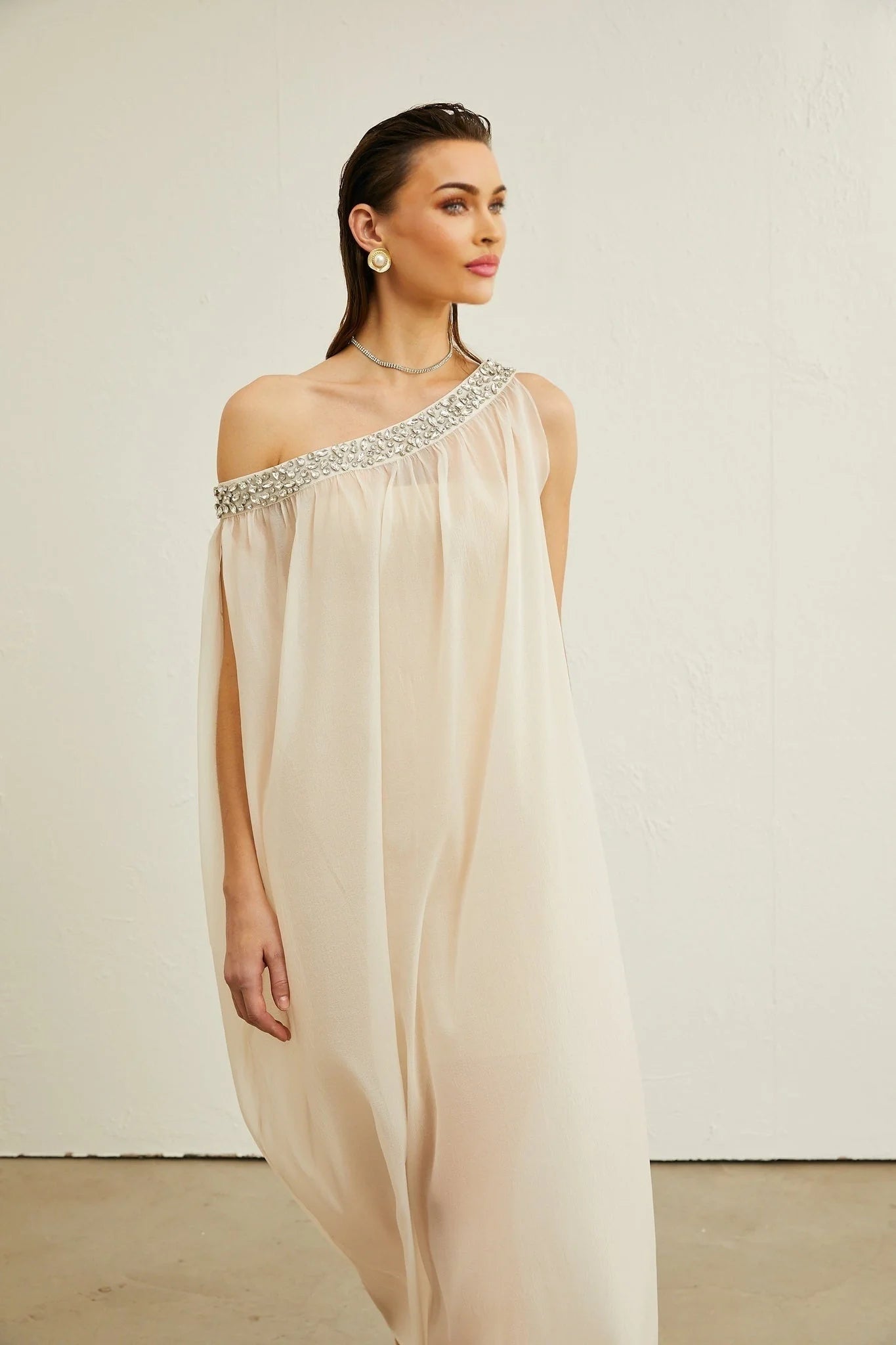 Cynthia Midi Dress – Sleeveless – Mono Shoulder – Crystal Embellishment