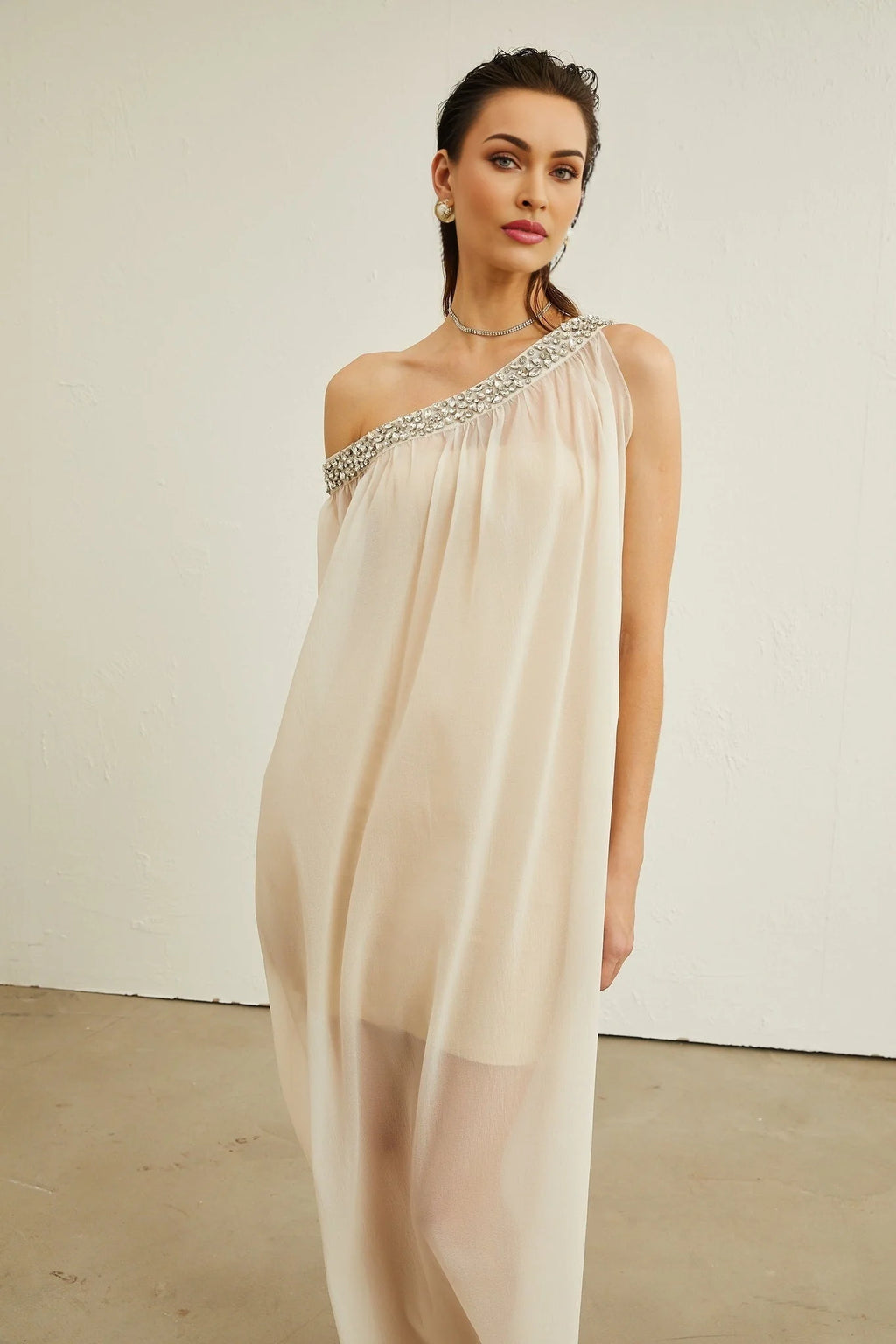 Cynthia Midi Dress – Sleeveless – Mono Shoulder – Crystal Embellishment
