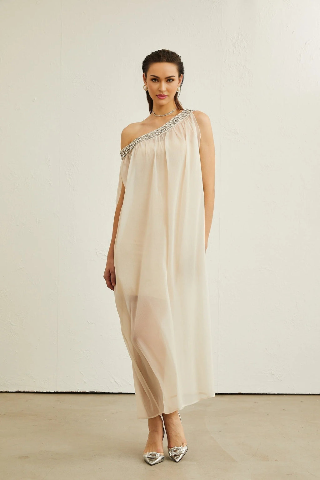 Cynthia Midi Dress – Sleeveless – Mono Shoulder – Crystal Embellishment