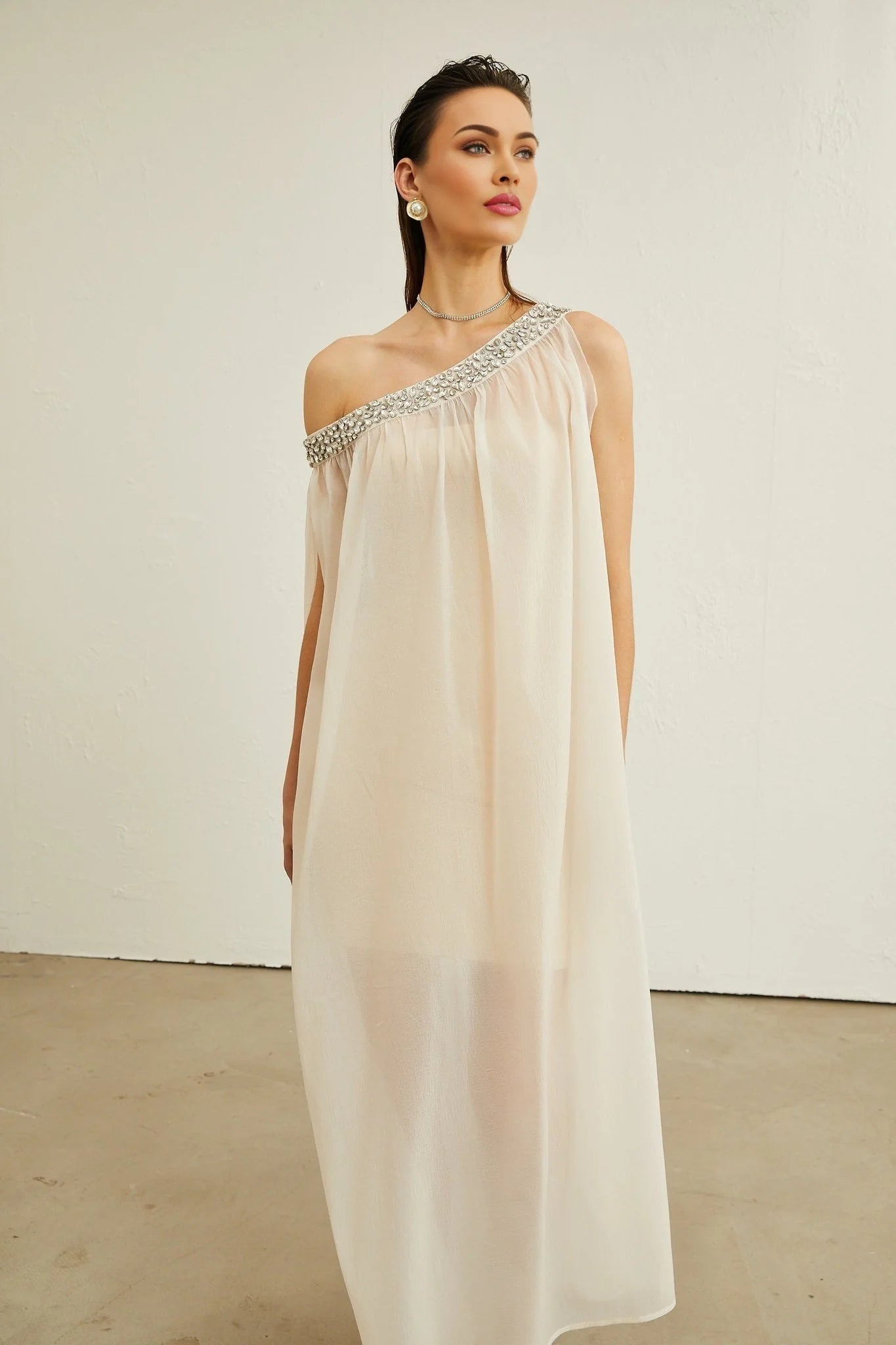 Cynthia Midi Dress – Sleeveless – Mono Shoulder – Crystal Embellishment