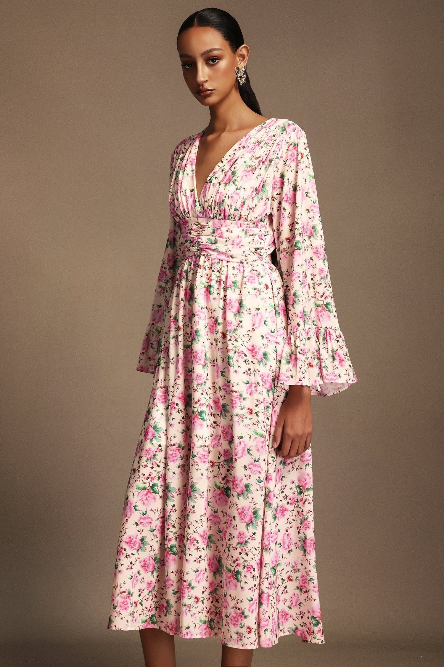 Cynthia Pink Floral Print V-Neckline Long Sleeve Midi Dress