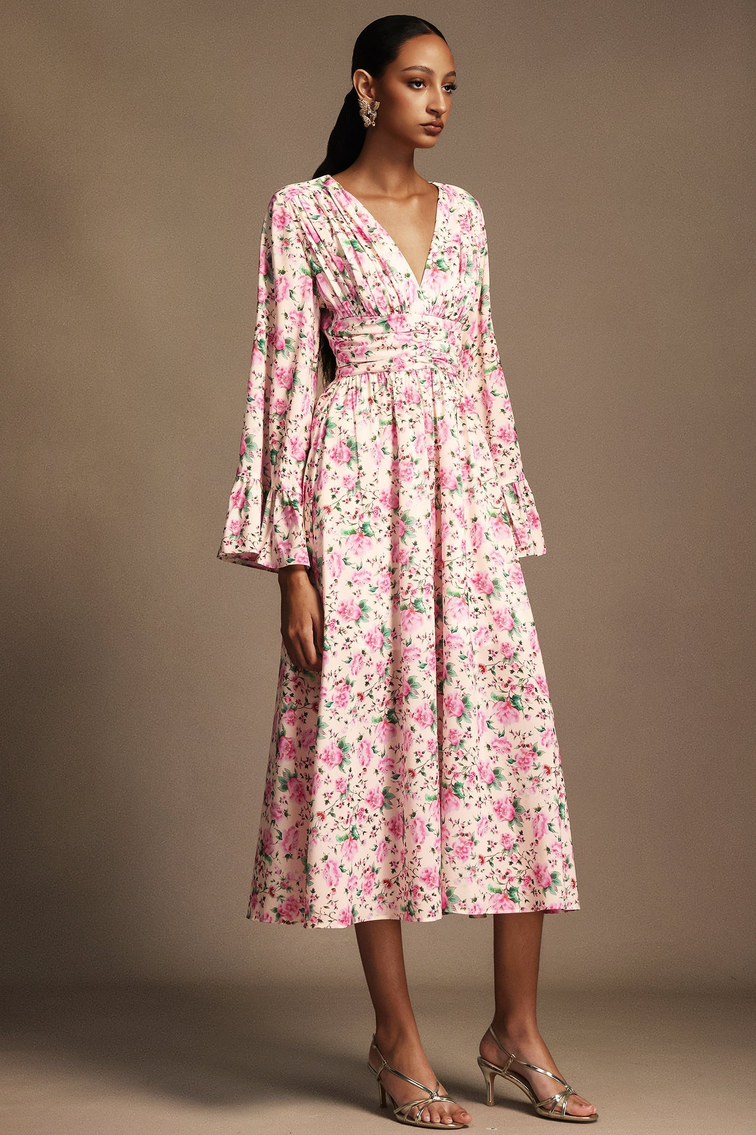 Cynthia Pink Floral Print V-Neckline Long Sleeve Midi Dress