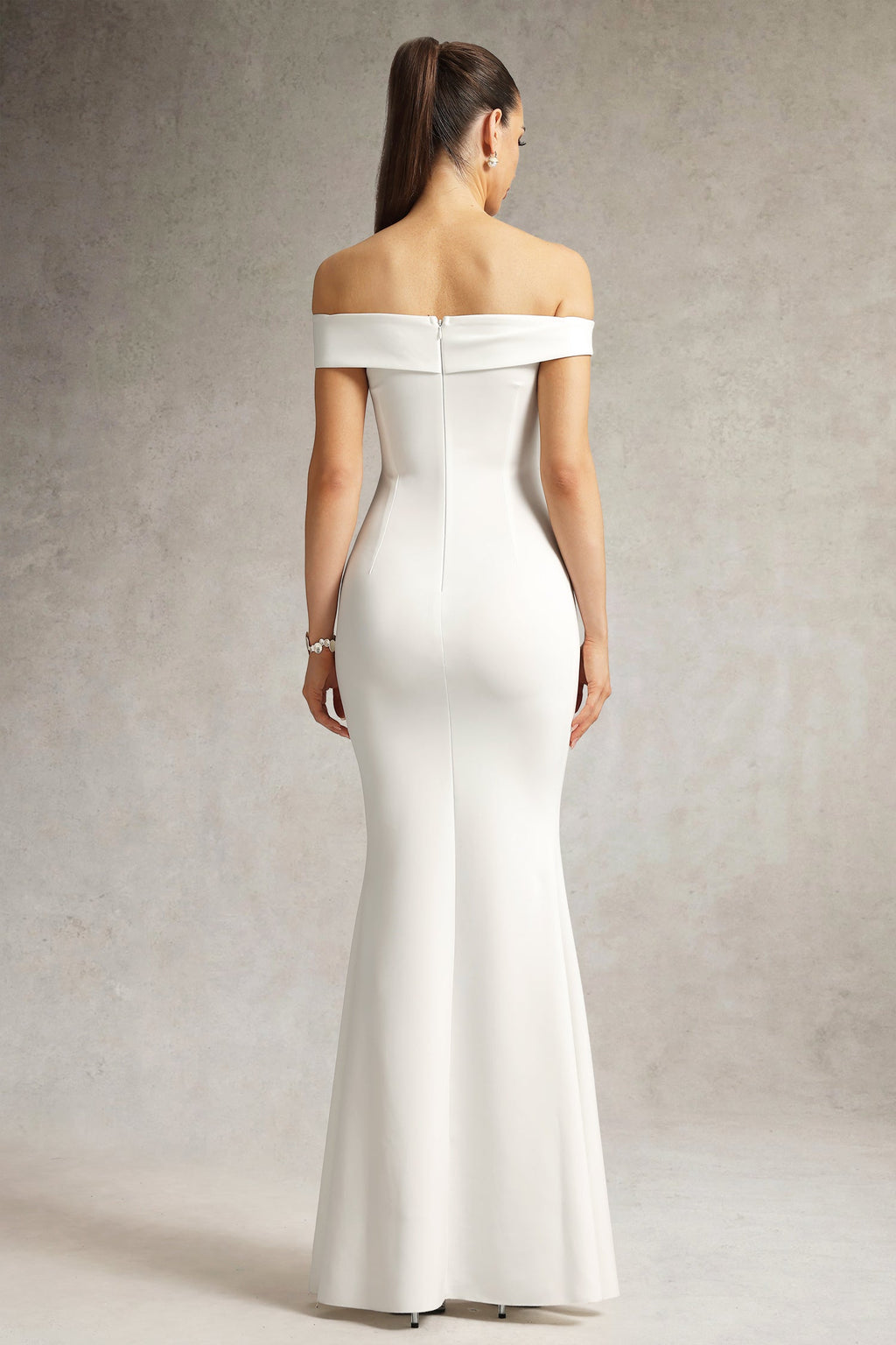 Cynthia White Off-Shoulder Slit Fitted Dress for Special Occasions