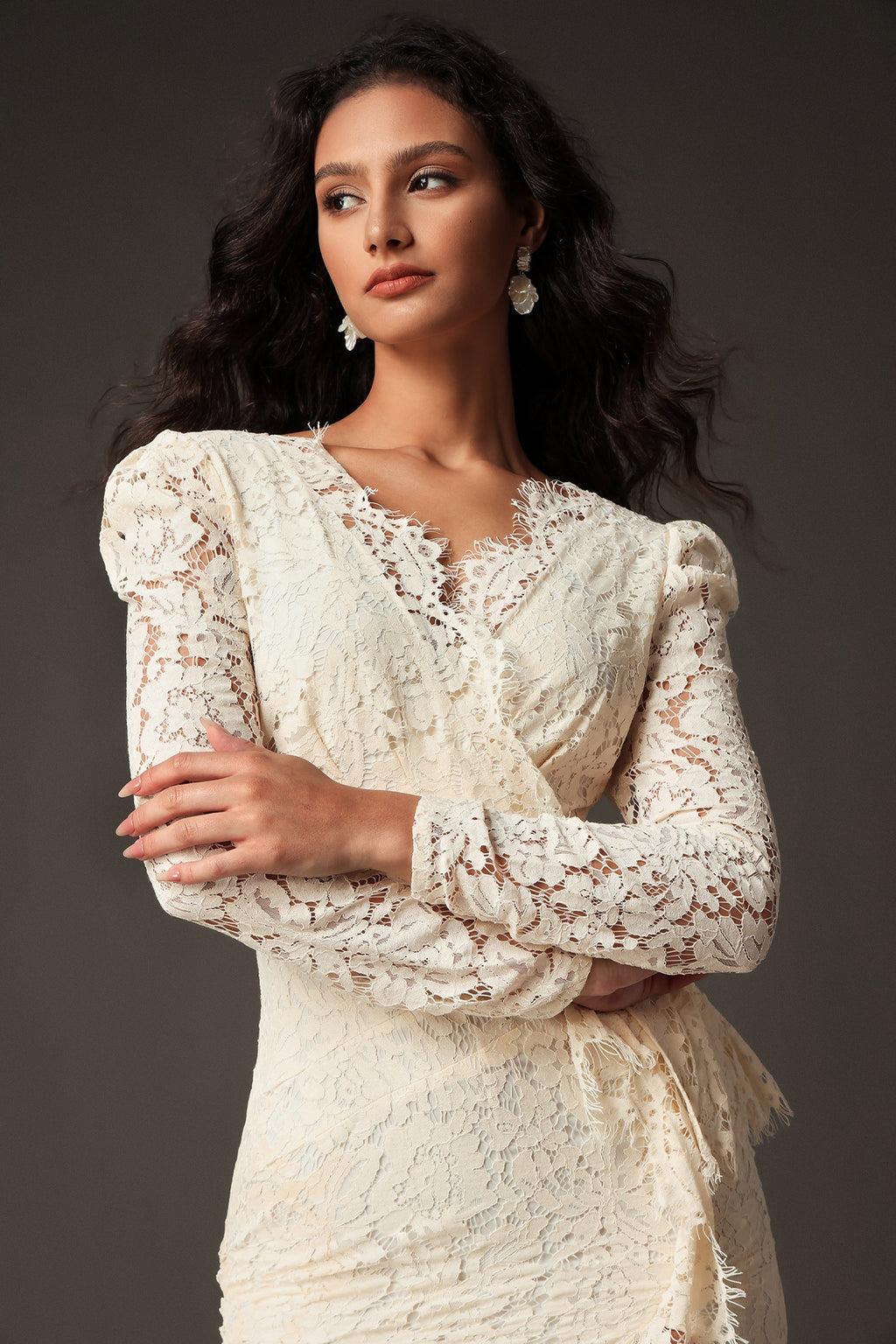 Dahlia Ivory Lace Sleeve V-Neckline High Slit Wrap Dress