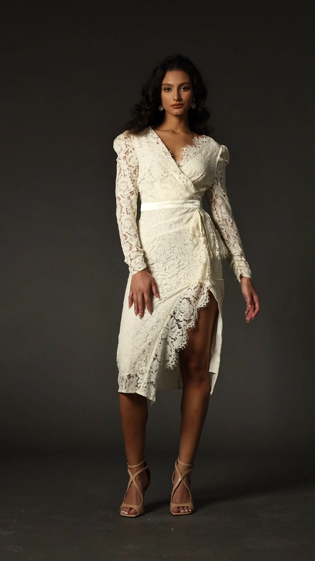 Dahlia Ivory Lace Sleeve V-Neckline High Slit Wrap Dress
