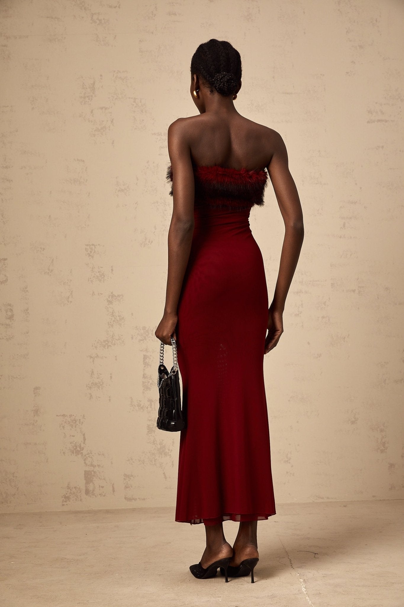 Dahlia Midi Dress - Mesh Overlay - Off the Shoulder - Faux - Fur Detail - Layered Design - Fitted Silhouette