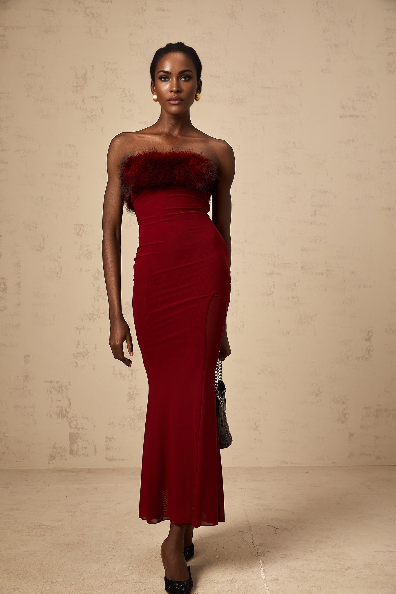 Dahlia Midi Dress - Mesh Overlay - Off the Shoulder - Faux - Fur Detail - Layered Design - Fitted Silhouette