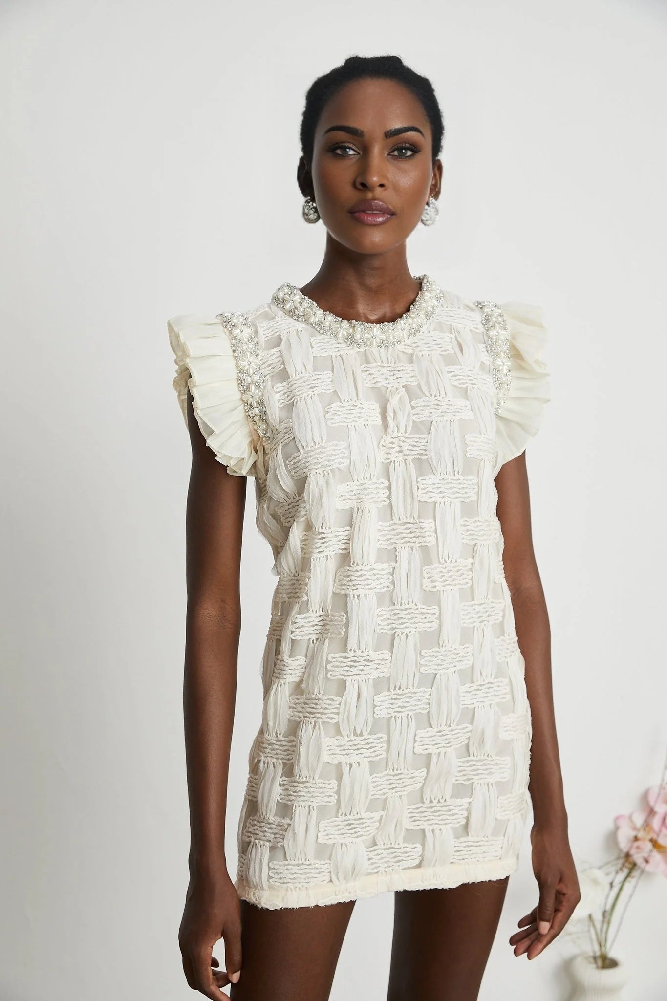 Dahlia Mini Dress - Sleeveless - Round Neck - Pleat & Crystal Embellishments