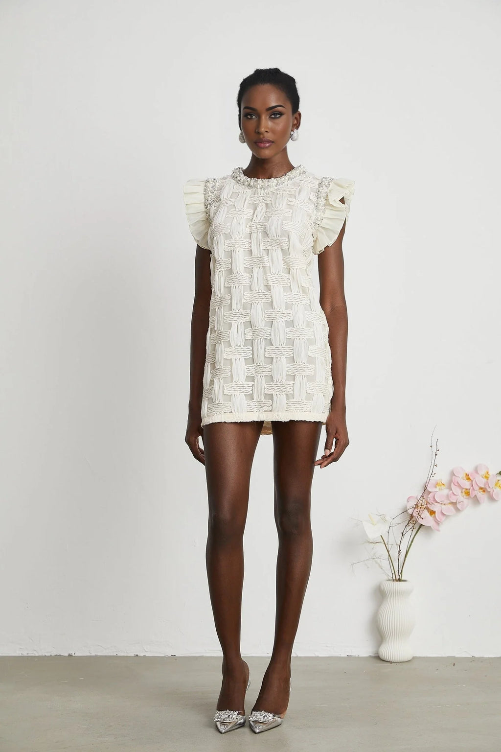 Dahlia Mini Dress - Sleeveless - Round Neck - Pleat & Crystal Embellishments