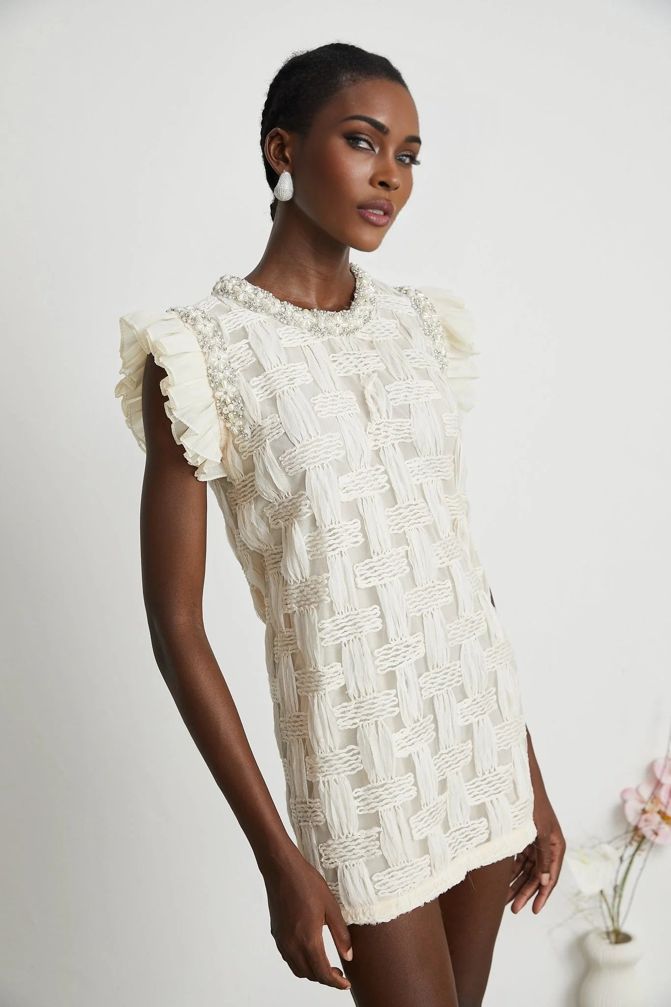 Dahlia Mini Dress - Sleeveless - Round Neck - Pleat & Crystal Embellishments