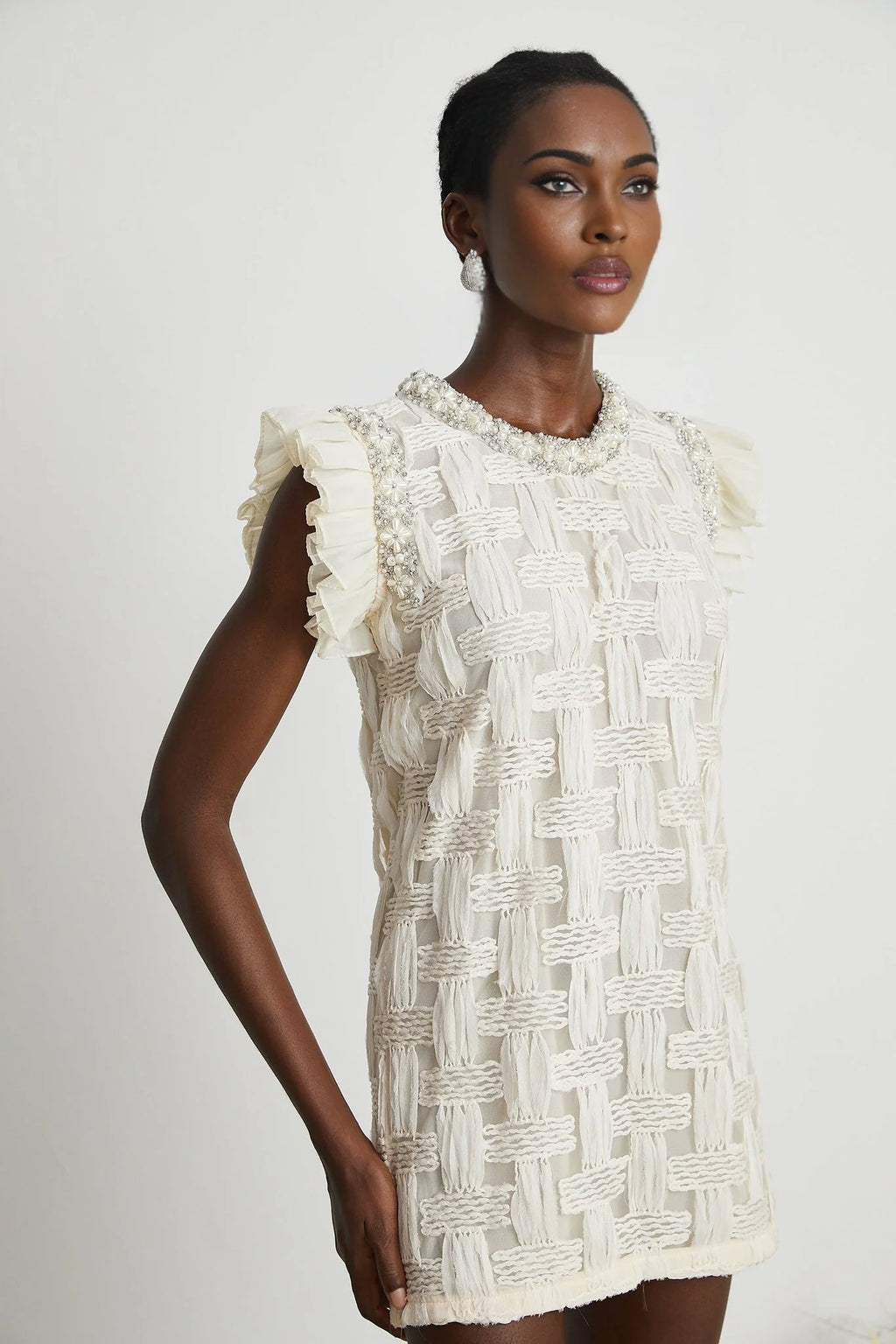 Dahlia Mini Dress - Sleeveless - Round Neck - Pleat & Crystal Embellishments
