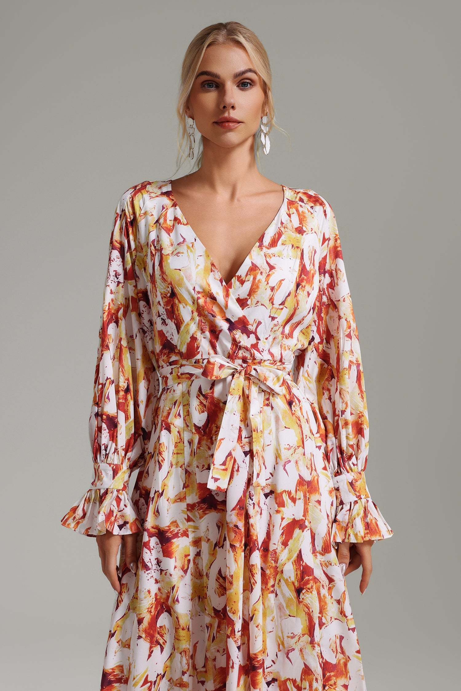 Dahlia White Flowing Silhouette V-Neckline Dress with Ruffled Sleeves and Cinched Waist