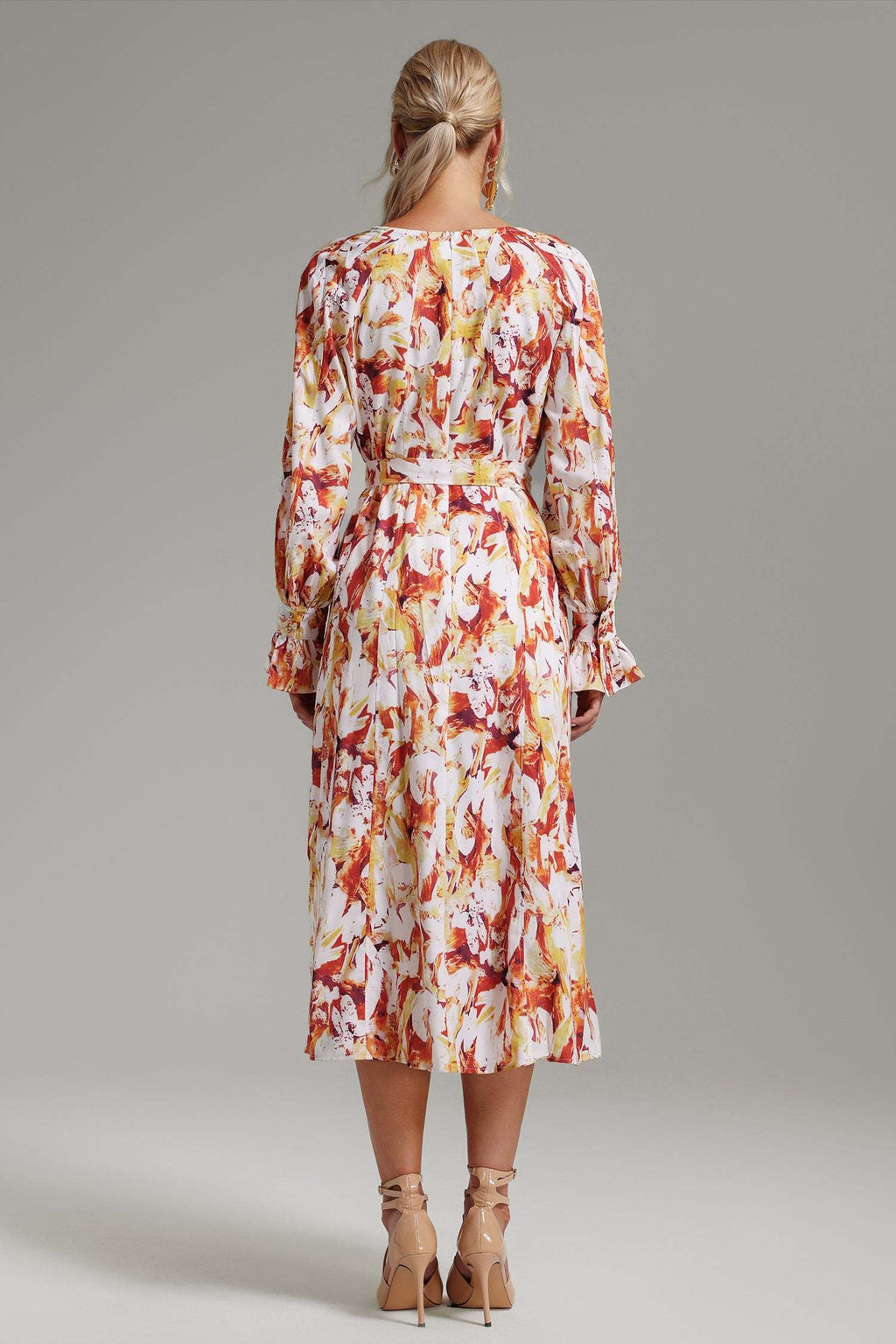 Dahlia White Floral Dress V-Neck Long Sleeve Ruffle Detail Cinched Waist Belted Elegant Versatile