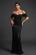 Dakota Black Off-Shoulder Maxi Gown Elegant Sophisticated Embellishments Glamour Side Slit Special Occasions Formal Gatherings Timeless Look Modern Twist Stylish