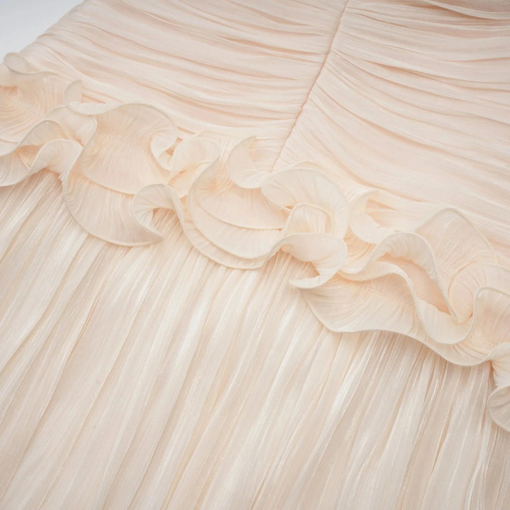 Dakota Maxi Dress Ruffled Pleated Neutral Glitter Strapless & Corset