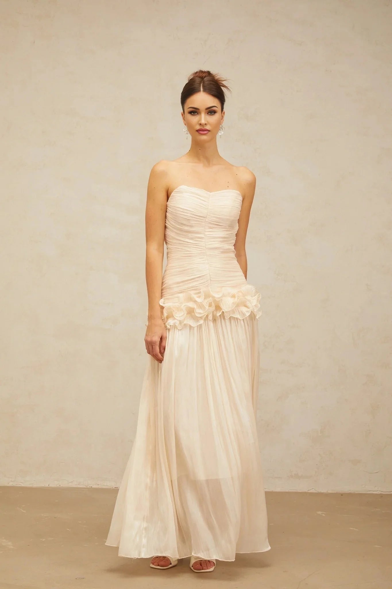 Dakota Maxi Dress Ruffled Pleated Neutral Glitter Strapless & Corset
