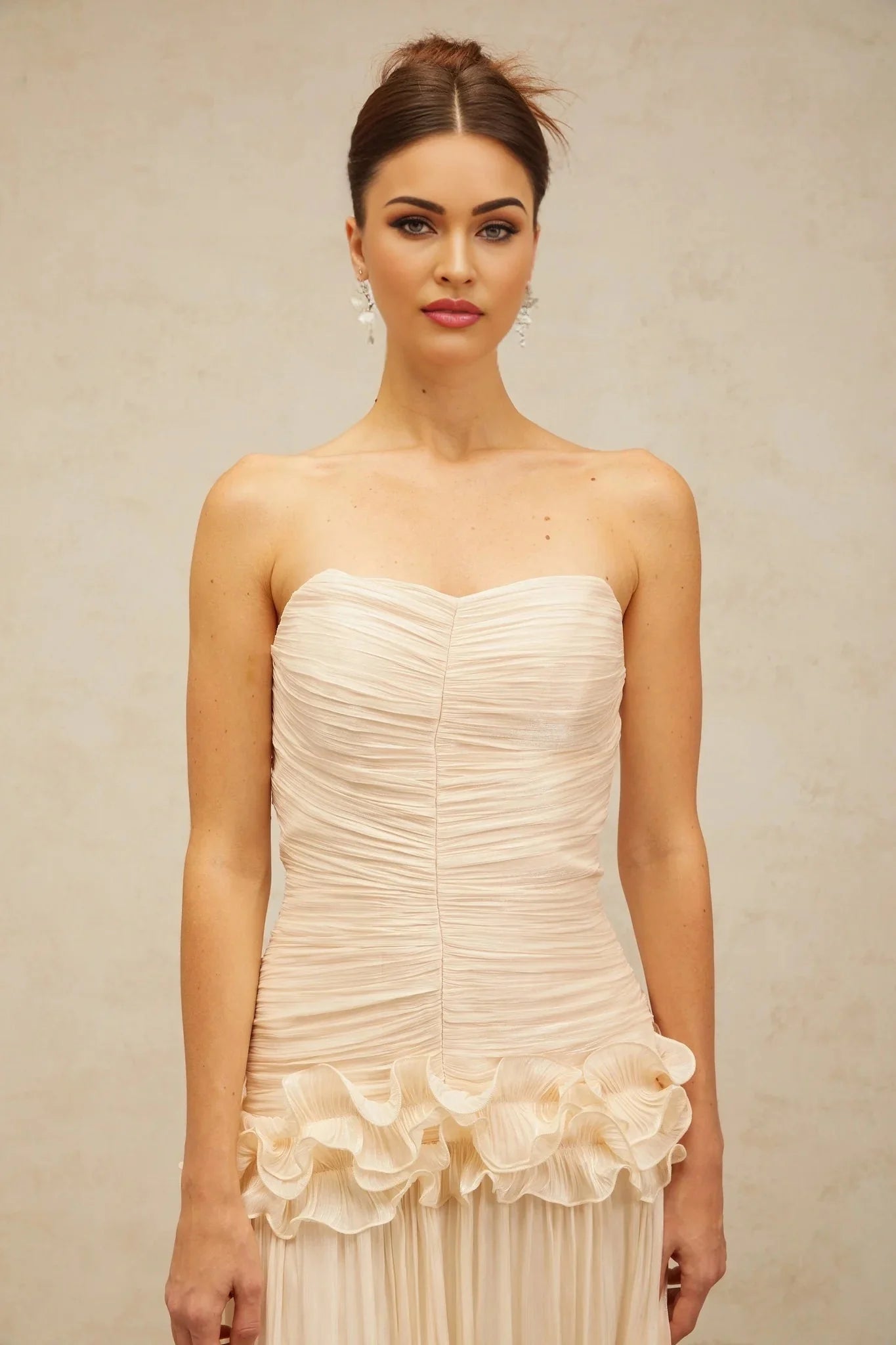 Dakota Maxi Dress Ruffled Pleated Neutral Glitter Strapless & Corset