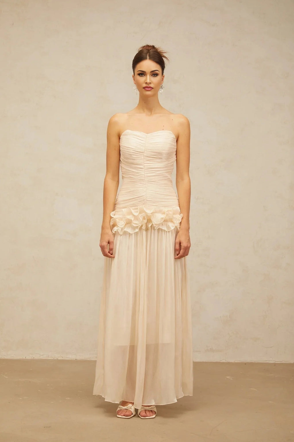 Dakota Maxi Dress Ruffled Pleated Neutral Glitter Strapless & Corset