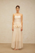 Dakota Maxi Dress Ruffled Pleated Neutral Glitter Strapless & Corset
