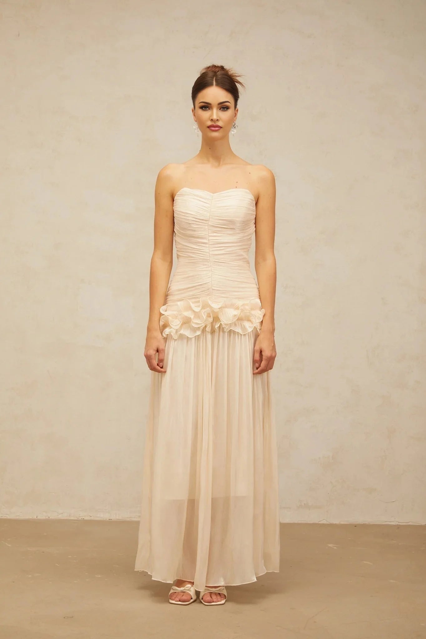 Dakota Maxi Dress Ruffled Pleated Neutral Glitter Strapless & Corset